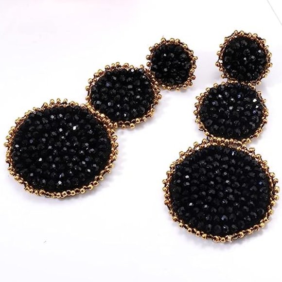 Black Gold Beaded Triple Tier Earrings Bohemian Bold Boho Statement Jewelry New - Picture 3 of 10